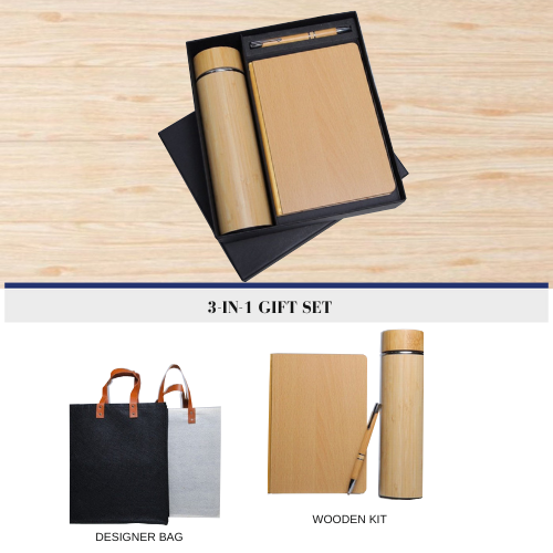 Eco Wooden 3‑in‑1 Notebook, Bottle & Pen Gift Set with Custom Logo